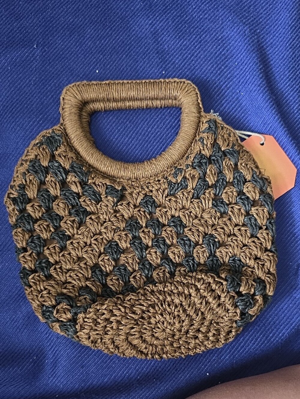 Woven Brown and Black Straw Handbag with Top Handle - Picture 6 of 6